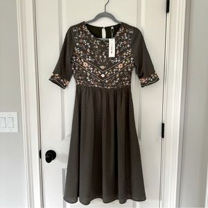 Olive Green Swiss Dot & Embroidered Midi Dress